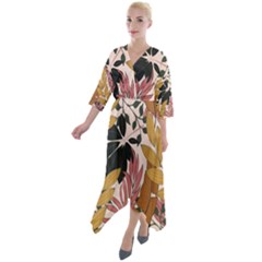 Fashionable Seamless Tropical Pattern With Bright Pink Green Flowers Quarter Sleeve Wrap Front Maxi Dress