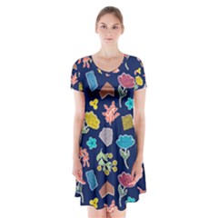 Pattern With Paper Flowers Short Sleeve V-neck Flare Dress