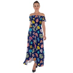 Pattern With Paper Flowers Off Shoulder Open Front Chiffon Dress by Wegoenart