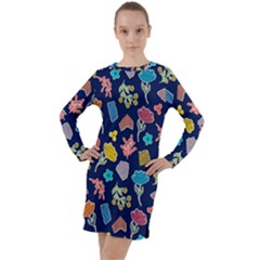 Pattern With Paper Flowers Long Sleeve Hoodie Dress