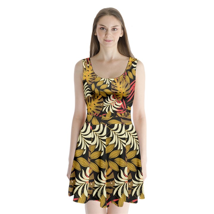 Original Seamless Tropical Pattern With Bright Reds Yellows Split Back Mini Dress 