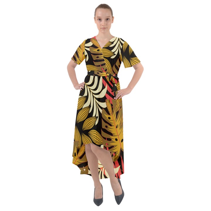 Original Seamless Tropical Pattern With Bright Reds Yellows Front Wrap High Low Dress