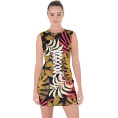 Original Seamless Tropical Pattern With Bright Reds Yellows Lace Up Front Bodycon Dress by Wegoenart