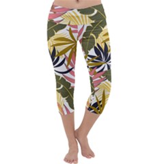 Fashionable Seamless Tropical Pattern With Bright Pink Green Flowers Capri Yoga Leggings by Wegoenart