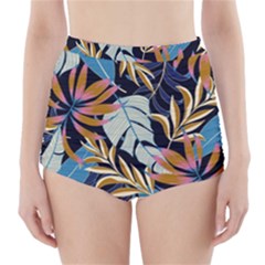 Original Seamless Tropical Pattern With Bright Blue Pink Flowers High-waisted Bikini Bottoms by Wegoenart