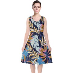 Original Seamless Tropical Pattern With Bright Blue Pink Flowers V-neck Midi Sleeveless Dress  by Wegoenart