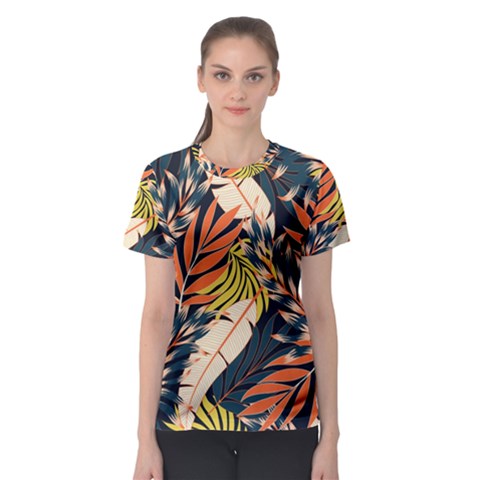 Original Seamless Tropical Pattern With Bright Orange Flowers Women s Sport Mesh Tee by Wegoenart