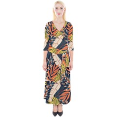 Original Seamless Tropical Pattern With Bright Orange Flowers Quarter Sleeve Wrap Maxi Dress by Wegoenart