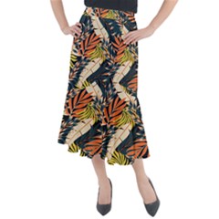 Original Seamless Tropical Pattern With Bright Orange Flowers Midi Mermaid Skirt by Wegoenart