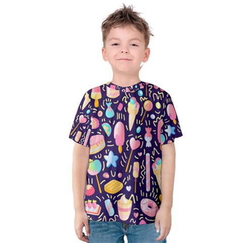 Cute Seamless Pattern With Colorful Sweets Cakes Lollipops Kids  Cotton Tee by Wegoenart