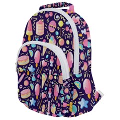 Cute Seamless Pattern With Colorful Sweets Cakes Lollipops Rounded Multi Pocket Backpack by Wegoenart