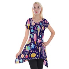 Cute Seamless Pattern With Colorful Sweets Cakes Lollipops Short Sleeve Side Drop Tunic