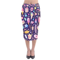 Cute Seamless Pattern With Colorful Sweets Cakes Lollipops Velvet Midi Pencil Skirt by Wegoenart