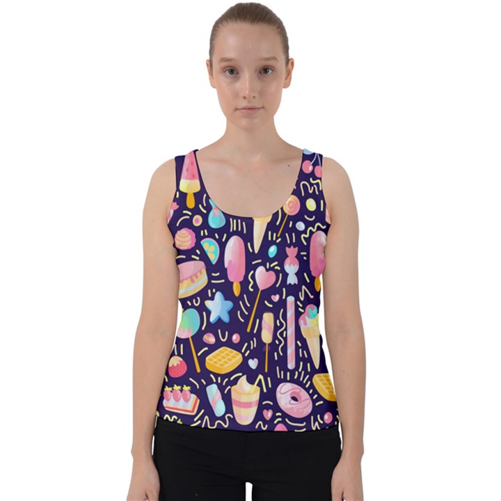 Cute Seamless Pattern With Colorful Sweets Cakes Lollipops Velvet Tank Top