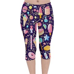 Cute Seamless Pattern With Colorful Sweets Cakes Lollipops Velvet Capri Leggings  by Wegoenart