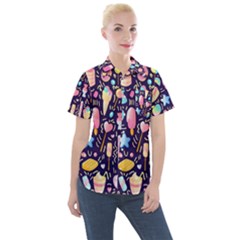 Cute Seamless Pattern With Colorful Sweets Cakes Lollipops Women s Short Sleeve Pocket Shirt