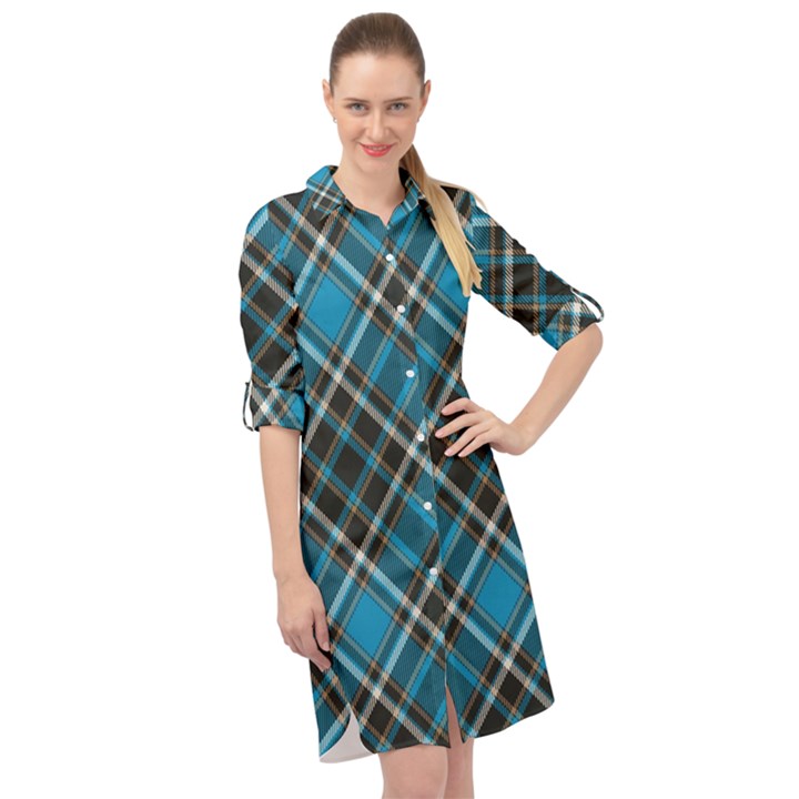 Tartan Scotland Seamless Plaid Pattern Vintage Check Color Square Geometric Texture Long Sleeve Mini Shirt Dress