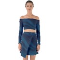 Abstract Glowing Blue Wave Lines Pattern With Particles Elements Dark Background Off Shoulder Top with Skirt Set View1