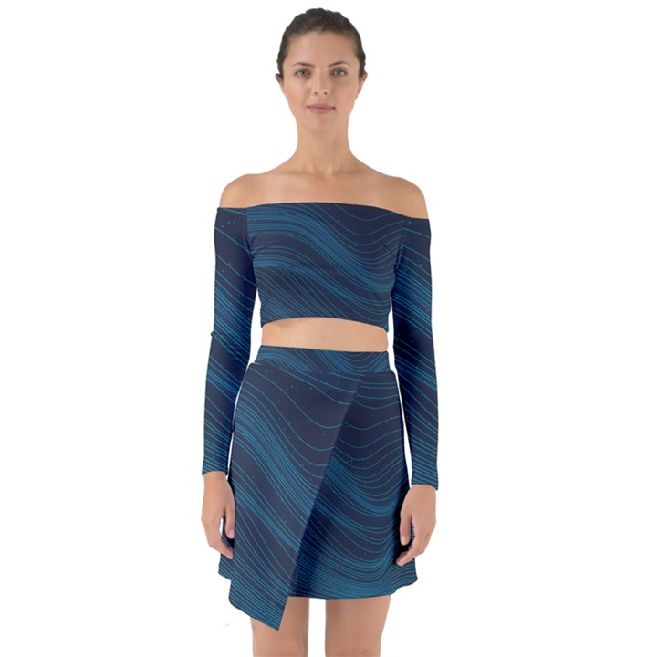 Abstract Glowing Blue Wave Lines Pattern With Particles Elements Dark Background Off Shoulder Top with Skirt Set