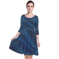 Abstract Glowing Blue Wave Lines Pattern With Particles Elements Dark Background Quarter Sleeve Waist Band Dress by Wegoenart