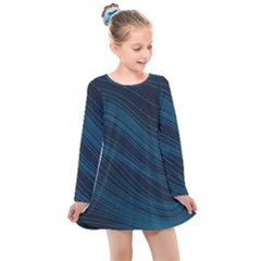 Abstract Glowing Blue Wave Lines Pattern With Particles Elements Dark Background Kids  Long Sleeve Dress by Wegoenart