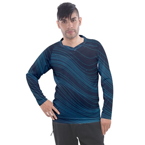 Abstract Glowing Blue Wave Lines Pattern With Particles Elements Dark Background Men s Pique Long Sleeve Tee by Wegoenart