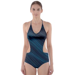 Abstract Glowing Blue Wave Lines Pattern With Particles Elements Dark Background Cut-out One Piece Swimsuit by Wegoenart