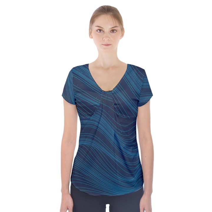 Abstract Glowing Blue Wave Lines Pattern With Particles Elements Dark Background Short Sleeve Front Detail Top