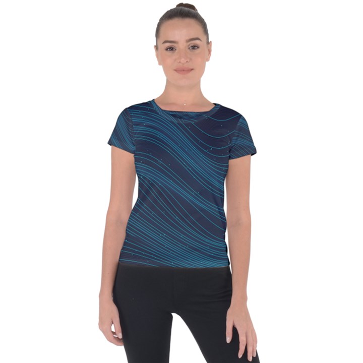 Abstract Glowing Blue Wave Lines Pattern With Particles Elements Dark Background Short Sleeve Sports Top 