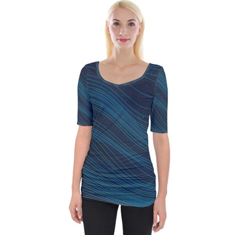 Abstract Glowing Blue Wave Lines Pattern With Particles Elements Dark Background Wide Neckline Tee by Wegoenart