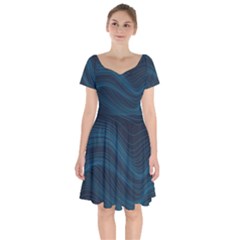 Abstract Glowing Blue Wave Lines Pattern With Particles Elements Dark Background Short Sleeve Bardot Dress by Wegoenart