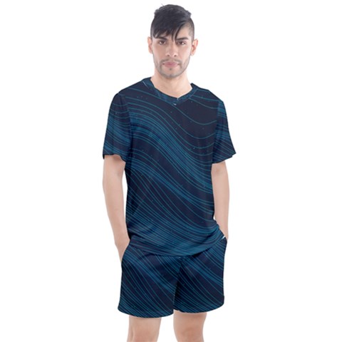 Abstract Glowing Blue Wave Lines Pattern With Particles Elements Dark Background Men s Mesh Tee And Shorts Set by Wegoenart