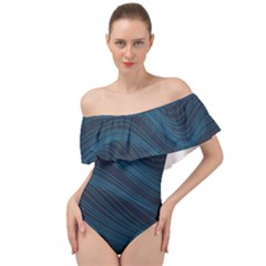 Abstract Glowing Blue Wave Lines Pattern With Particles Elements Dark Background Off Shoulder Velour Bodysuit  by Wegoenart