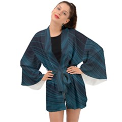 Abstract Glowing Blue Wave Lines Pattern With Particles Elements Dark Background Long Sleeve Kimono by Wegoenart