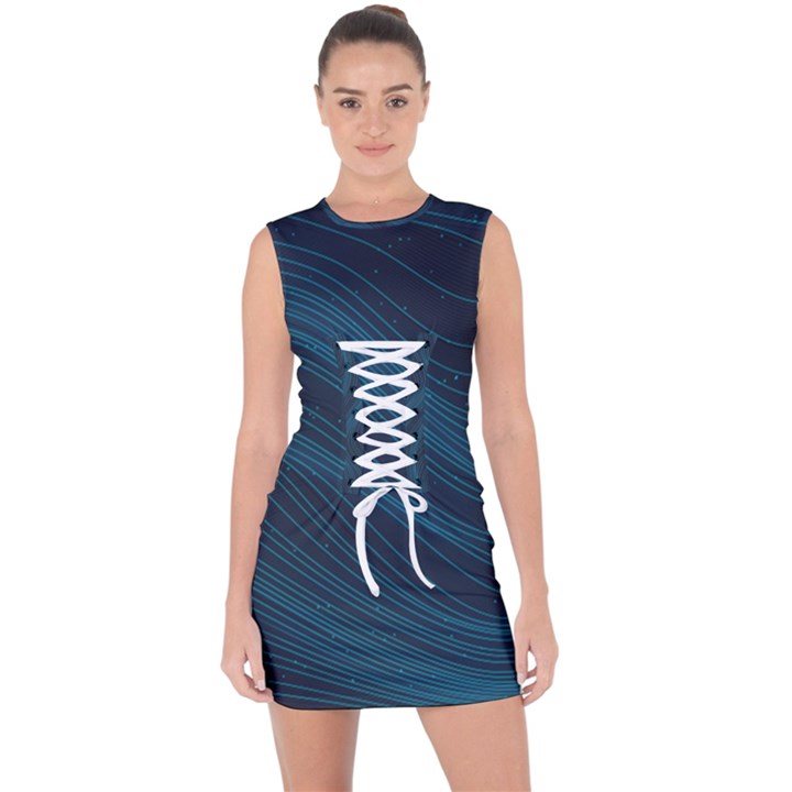 Abstract Glowing Blue Wave Lines Pattern With Particles Elements Dark Background Lace Up Front Bodycon Dress