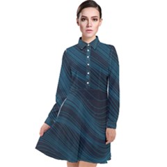 Abstract Glowing Blue Wave Lines Pattern With Particles Elements Dark Background Long Sleeve Chiffon Shirt Dress by Wegoenart