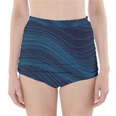 Abstract Glowing Blue Wave Lines Pattern With Particles Elements Dark Background High-waisted Bikini Bottoms by Wegoenart