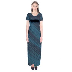 Abstract Glowing Blue Wave Lines Pattern With Particles Elements Dark Background Short Sleeve Maxi Dress