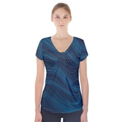 Abstract Glowing Blue Wave Lines Pattern With Particles Elements Dark Background Short Sleeve Front Detail Top by Wegoenart