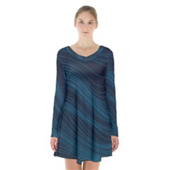 Abstract Glowing Blue Wave Lines Pattern With Particles Elements Dark Background Long Sleeve Velvet V-neck Dress by Wegoenart