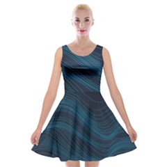 Abstract Glowing Blue Wave Lines Pattern With Particles Elements Dark Background Velvet Skater Dress