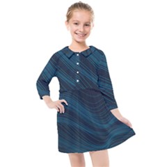 Abstract Glowing Blue Wave Lines Pattern With Particles Elements Dark Background Kids  Quarter Sleeve Shirt Dress by Wegoenart