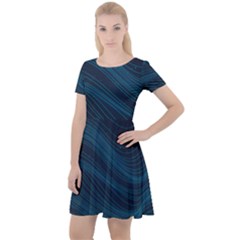 Abstract Glowing Blue Wave Lines Pattern With Particles Elements Dark Background Cap Sleeve Velour Dress 