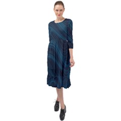 Abstract Glowing Blue Wave Lines Pattern With Particles Elements Dark Background Ruffle End Midi Chiffon Dress