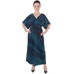 Abstract Glowing Blue Wave Lines Pattern With Particles Elements Dark Background V-neck Boho Style Maxi Dress