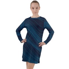 Abstract Glowing Blue Wave Lines Pattern With Particles Elements Dark Background Long Sleeve Hoodie Dress by Wegoenart