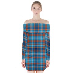 Tartan Scotland Seamless Plaid Pattern Vintage Check Color Square Geometric Texture Long Sleeve Off Shoulder Dress