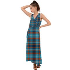 Tartan Scotland Seamless Plaid Pattern Vintage Check Color Square Geometric Texture V-neck Chiffon Maxi Dress by Wegoenart