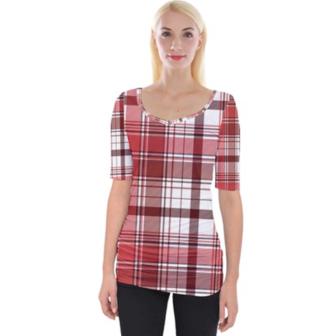 Red Abstract Check Textile Seamless Pattern Wide Neckline Tee by Wegoenart