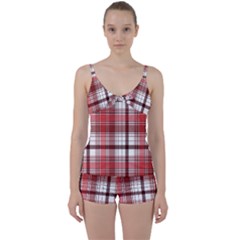 Red Abstract Check Textile Seamless Pattern Tie Front Two Piece Tankini